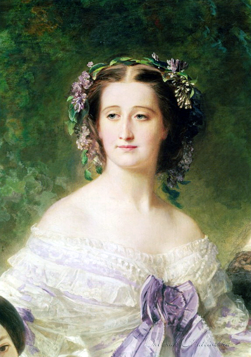  Franz Xaver Winterhalter, keisarinna Eugénie Ladies-in-Waitingin ympäröimänä (yksityiskohta), 1855. Öljy kankaalle (300 x 420 cm). Musées Nationaux du Palais de Compiègne, Ranska. 