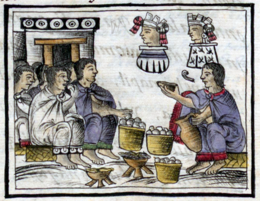Tepeilhuilt ceremony with feasting and tepictoton, Bernardino de Sahagún and collaborators, General History of the Things of New Spain, also called the Florentine Codex, vol. 1, book. 1, folio 22, 1575–1577, watercolor, paper, contemporary vellum Spanish binding, open (approx.): 32 x 43 cm, closed (approx.): 32 x 22 x 5 cm (Medicea Laurenziana Library, Florence, Italy)