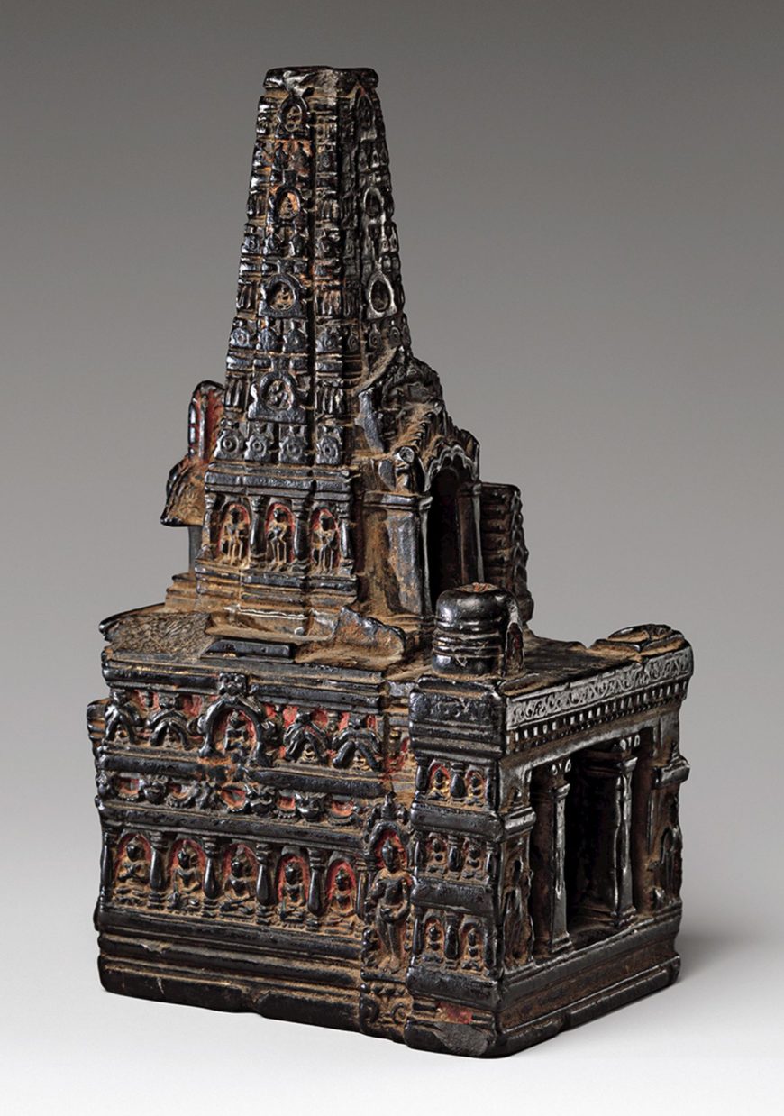 Let's add more to this caption to explain what we are looking at. Model of the Mahabodhi Temple, 11th - 12th century, Bihar, India (The Metropolitan Museum of Art)