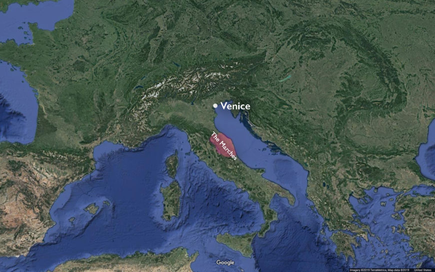 Map of Italy with the Marches region indicated (underlying map © Google)