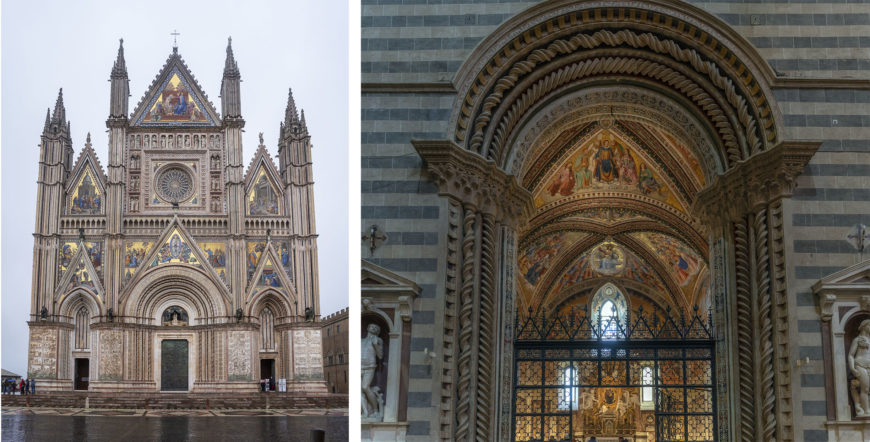 Left: Façade of Orvieto Cathedral, Orvieto, Italy (photo: Steven Zucker, CC BY-NC-SA 2.0); Right: view into the San Brizio Chapel (photo: Steven Zucker, CC BY-NC-SA 2.0)