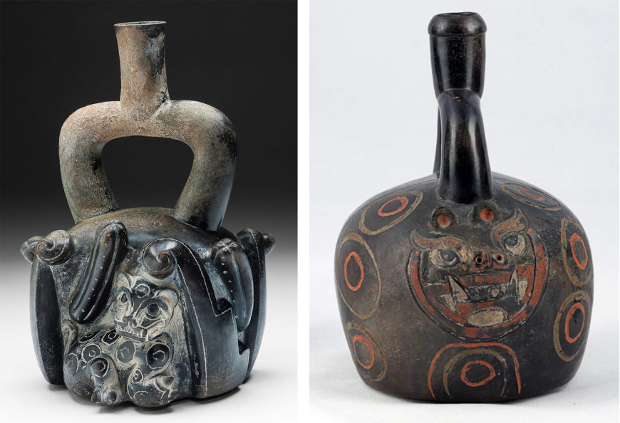Early Paracas vessels that reveal the influence of Chavin in their..., left: Stirrup-Spout Vessel with Feline and Cactus, 900/200 B.C.E., Chavin, North Coast, ceramic, 26.7 × 17.8 cm (Art Institute of Chicago); right: Feline face bottle, Paracas, 800–100 B.C.E., ceramic and post-fired paint, from the Ica Valley, Peru, 19.2 cm high (Fowler Museum)