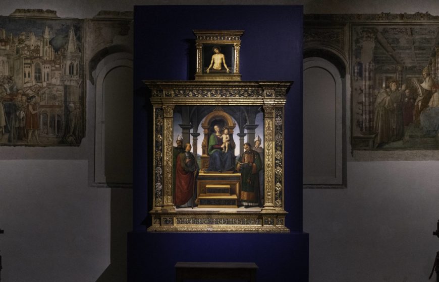 Perugino, Madonna and Child with Sts Laurence, Louis of Toulouse, Ercolanus and Constance (Decemviri Altarpiece), 1495–96, tempera on wood, 193 x 165 cm (Vatican Museums)