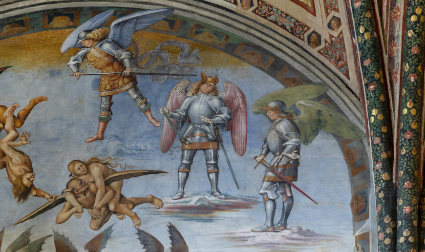 Three archangels, Michael, Gabriel, and Raphael, clad in armor, observe as humans and demons tumble through the sky (detail), Luca Signorelli, The Damned Cast into Hell, 1499-1504, fresco, 23' wide (San Brizio chapel, Orvieto Cathedral, Orvieto, Italy) (photo: Steven Zucker, CC BY-NC-SA 2.0)