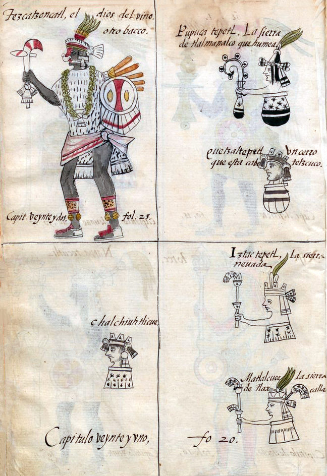 Popocatépetl (detalle), Bernardino de Sahagún y colaboradores, Historia general de las cosas de la Nueva España, también llamado Códice Florentino, vol. 1, libro. 1, 1575—1577, acuarela, papel, vitela contemporánea encuadernación española, abierta (aprox.): 32 x 43 cm, cerrada (aprox.): 32 x 22 x 5 cm (Medicea Laurenziana Biblioteca, Florencia, Italia)