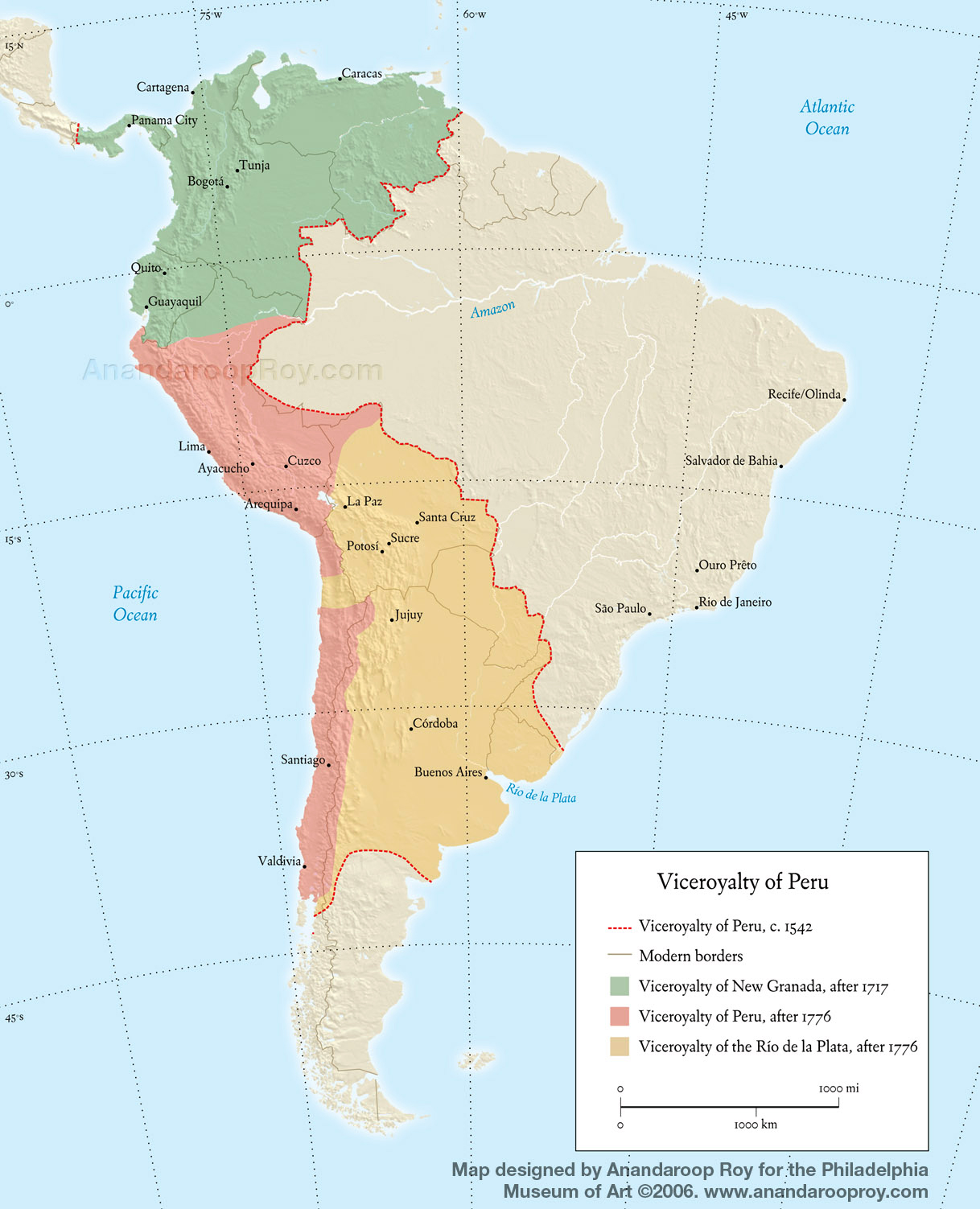 The boundaries of the Spanish viceroyalty of Peru in around 1542 (created for the exhibition “Tesoros/Treasures/Tesouros: The Arts in Latin America, 1492–1820,” Philadelphia Museum of Art © 2006 Anandaroop Roy)