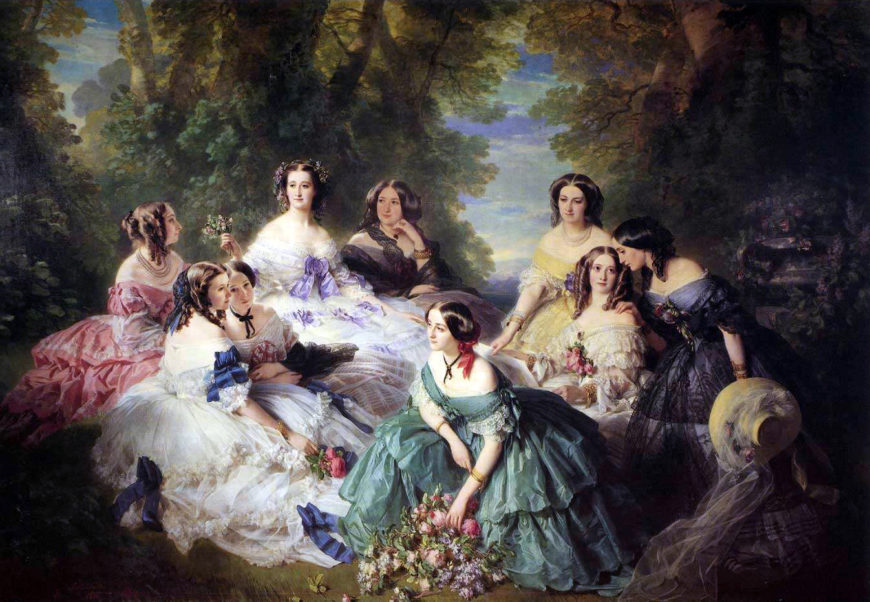 Franz Xaver Winterhalter, Împărăteasa Eugnie înconjurat de doamnele ei în așteptare, 1855. Ulei pe pânză (300 x 420 cm). Musafiri nationaux du Palais de Compi, Franța. 