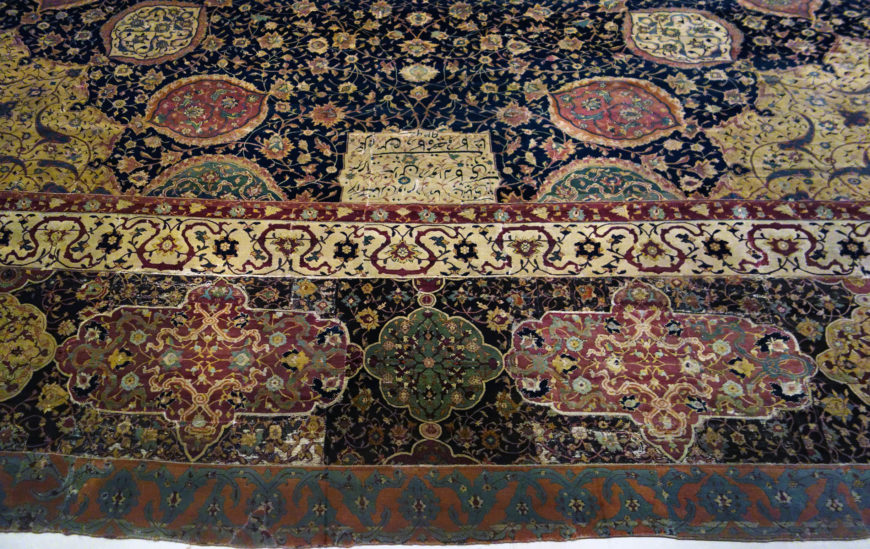 Medallion Carpet, The Ardabil Carpet (detail with edge), Unknown artist (Maqsud Kashani is named on the carpet’s inscription), Persian: Safavid Dynasty, silk warps and wefts with wool pile (25 million knots, 340 per sq. inch), 1539-40 C.E., Tabriz, Kashan, Isfahan or Kirman, Iran (Victoria and Albert Museum) (photo: Steven Zucker, CC BY-NC-SA 2.0)