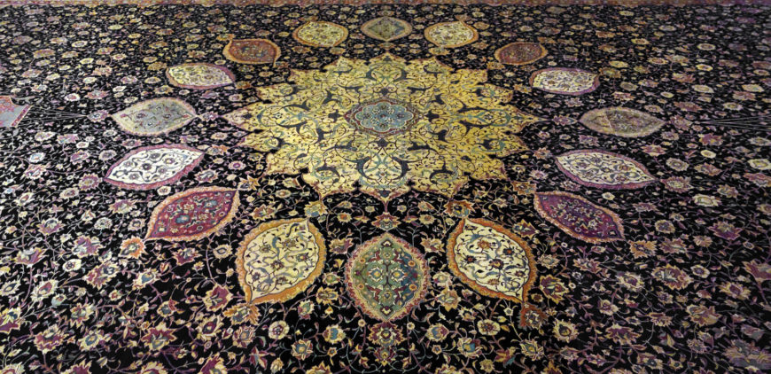 Medallion Carpet, The Ardabil Carpet (detail of center), Unknown artist (Maqsud Kashani is named on the carpet’s inscription), Persian: Safavid Dynasty, silk warps and wefts with wool pile (25 million knots, 340 per sq. inch), 1539-40 C.E., Tabriz, Kashan, Isfahan or Kirman, Iran (Victoria and Albert Museum) (photo: Steven Zucker, CC BY-NC-SA 2.0)