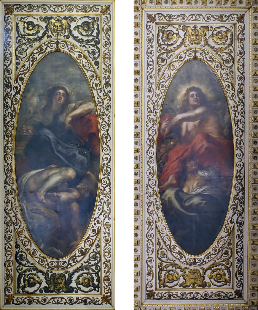 Peter Paul Rubens, oval panels, ceiling of the Banqueting House, Whitehall, c. 1632–34, oil on canvas. Left: Reason bridling Intemperance; right: Abundance triumphing over Avarice. (photos: Steven Zucker, CC BY-NC-SA 2.0)