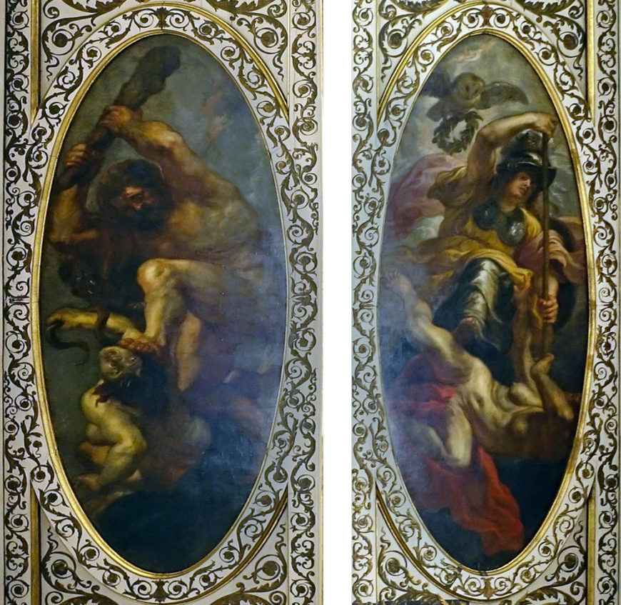 Peter Paul Rubens, oval panels, ceiling of the Banqueting House, Whitehall, c. 1632–34, oil on canvas. Left: Hercules slaying Envy; right: Minerva spearing Ignorance (photo: Steven Zucker, CC BY-NC-SA 2.0)