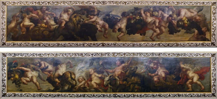 Peter Paul Rubens, rectangular panels, ceiling of the Banqueting House, Whitehall, c. 1632–34, oil on canvas. Top: Genii loading a chariot with fruit; bottom: Genii driving a chariot driven by a ram and a wolf (photo: Steven Zucker, CC BY-NC-SA 2.0)