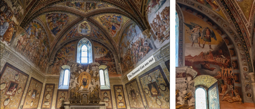 Left: Inside the San Brizio Chapel with The Damned Cast into Hell labeled (photo: Steven Zucker, CC BY-NC-SA 2.0); Right: The damned being carried across the river to the underworld (detail), Luca Signorelli, The Damned Cast into Hell, 1499-1504, fresco, 23' wide (San Brizio chapel, Orvieto Cathedral, Orvieto, Italy) (photo: Steven Zucker, CC BY-NC-SA 2.0)