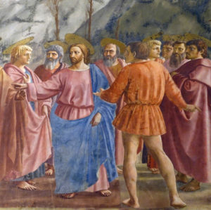 Christ, apostles, and tax collector (detail), Masaccio, Tribute Money, c. 1427, fresco (Brancacci Chapel, Santa Maria del Carmine, Florence) (photo: Steven Zucker, CC-BY-SA 2.0)