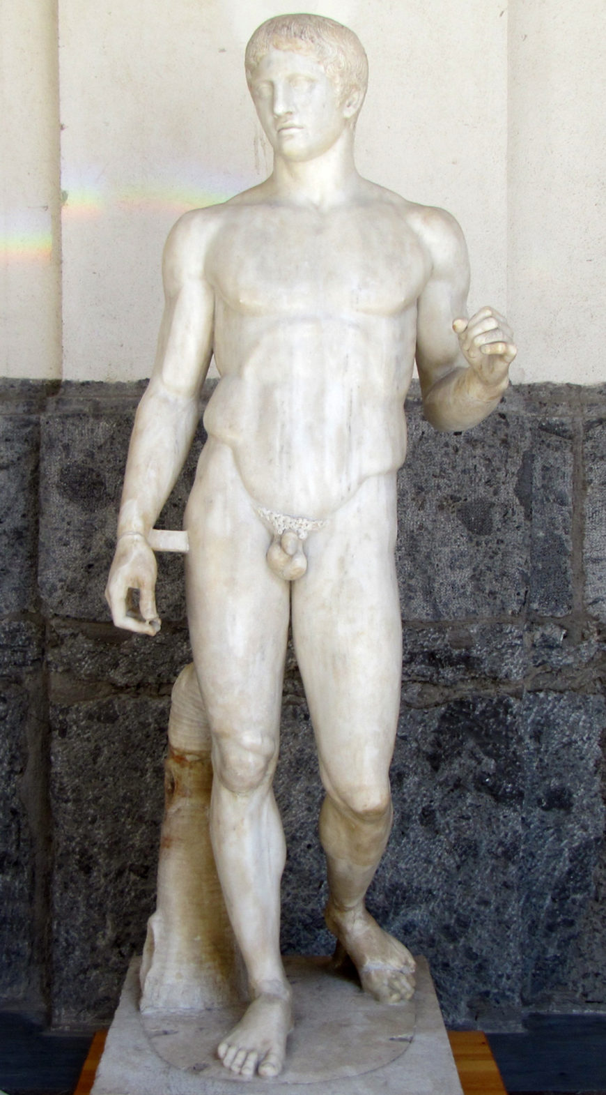 Doryphoros (Spear Bearer), Roman copy after an original by the Greek sculptor Polykleitos from c. 450–440 B.C.E., marble, 6'6" (Archaeological Museum, Naples) (photo: Steven Zucker, CC BY-NC-SA 2.0)