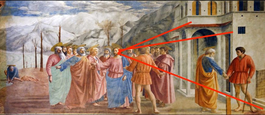 Linear perspective diagram, Masaccio, Tribute Money, c.1427, fresco (Brancacci Chapel, Santa Maria del Carmine, Florence) (photo: Steven Zucker, CC BY-NC-SA 2.0). Christ is the vanishing point. Note too, the use of atmospheric (aerial) perspective in the mountains in the distance. 