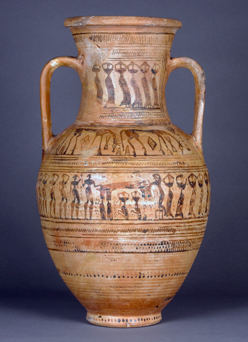 In the main scene on this vessel, the body of the deceased lies on a high bed with male and female mourners on either side. Another row of grieving woman decorates the neck of the vase above. Funerary Vessel, 710–700 B.C., Greek, made in Athens. Lent from the Rabin Collection, VL.2010.22