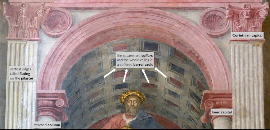 Heilige drie-eenheid met architectonische elementen gelabeld (detail) Masaccio, de Heilige drie-eenheid, c. 1427, fresco, 667 x 317 cm (Santa Maria Novella in Florence, Italië) (foto: Steven Zucker, CC BY-NC-SA 2.0)