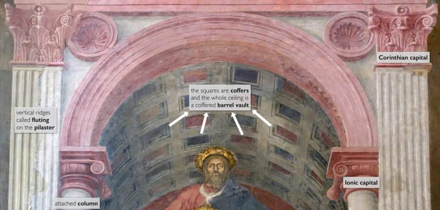 Holy Trinity with architectural elements labeled (detail) Masaccio, Holy Trinity, c. 1427, fresco, 667 x 317 cm (Santa Maria Novella, Florence, Italy; photo: Steven Zucker, CC BY-NC-SA 2.0)