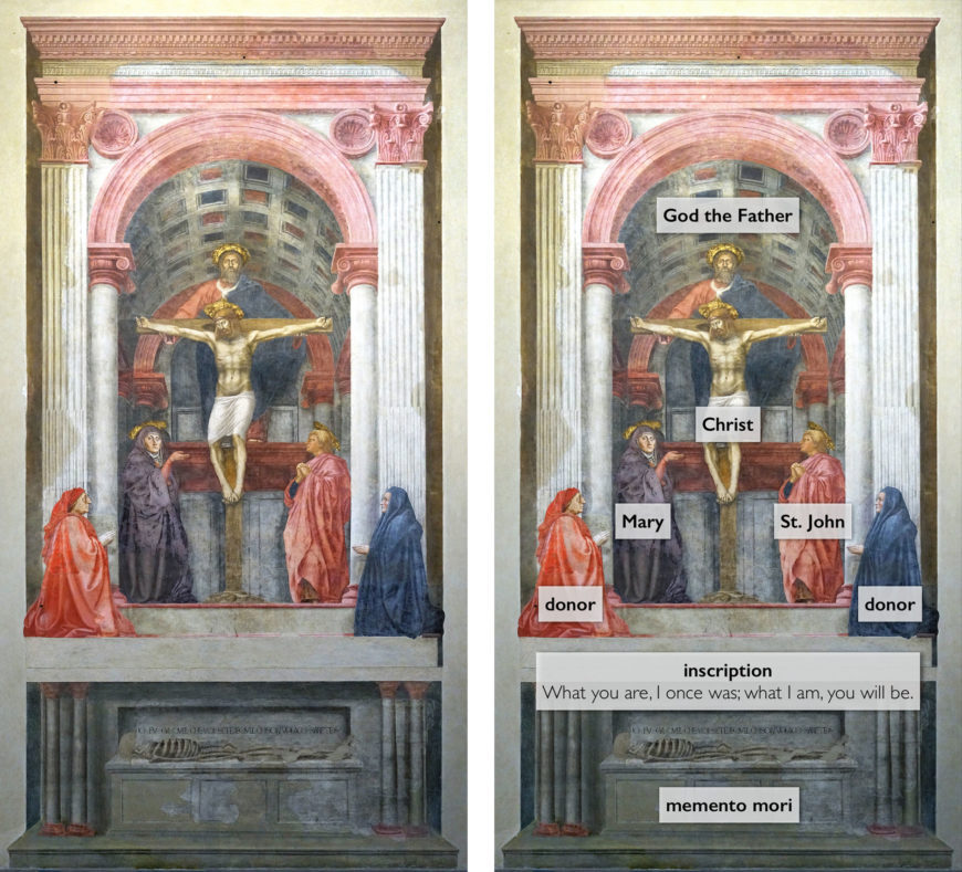 Left: Masaccio, Holy Trinity, c. 1427, fresco, 667 x 317 cm (Santa Maria Novella, Florence, Italy); right: Figure annotation of Holy Trinity, Masaccio, Holy Trinity, c. 1427, fresco, 667 x 317 cm (Santa Maria Novella, Florence, Italy) (photos: Steven Zucker, CC BY-NC-SA 2.0)