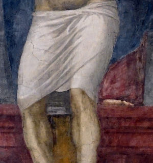 God's foot (detail), Holy Trinity, c. 1427, fresco, 667 x 317 cm (Santa Maria Novella, Florence; photo: Steven Zucker, CC BY-NC-SA 2.0)