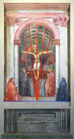 Perspective diagram, Masaccio, Holy Trinity, c. 1427, fresco, 667 x 317 cm (Santa Maria Novella, Florence, Italy; photo: Steven Zucker, CC BY-NC-SA 2.0)