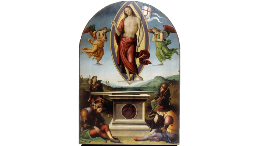 This painting was taken to the Louvre and returned in 1815 to the Vatican (not Perugia where it was stolen from). Pietro Perugino, Al Prato Resurrection, tempera gouache on wood, 1499-1500 (Vatican Museums)