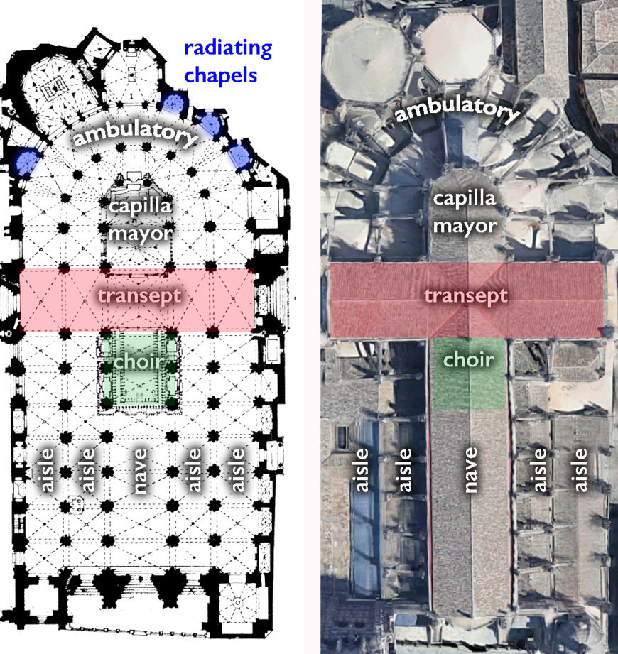 Plan of Toledo Cathedral with aerial view of the cathedral (underlying map of the cathedral © Google)