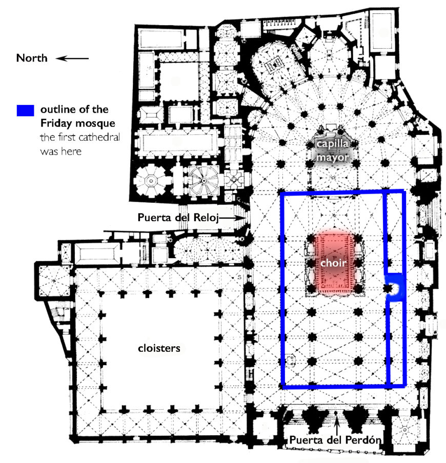 Plan of Toledo Cathedral as rebuilt in the Gothic style. Blue outlines indicate the former mosque. The mosque structure was repurposed for the original cathedral (before it was rebuilt in the Gothic style).