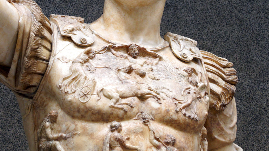 Detail of Sol and Caelus on the breastplate, Augustus of Primaporta, 1st century C.E., marble, 2.03 meters high (Vatican Museums) (photo: Steven Zucker, CC BY-NC-SA 2.0)