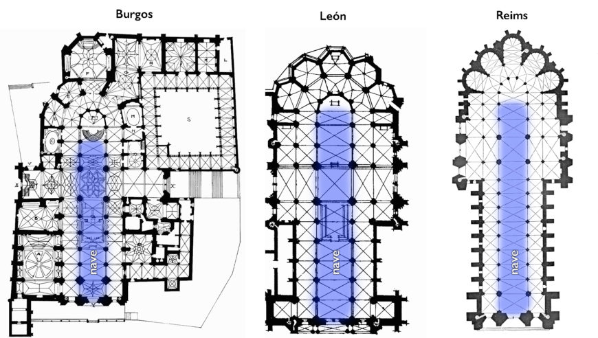Plans of the cathedrals in Burgos, Leon, and Reims