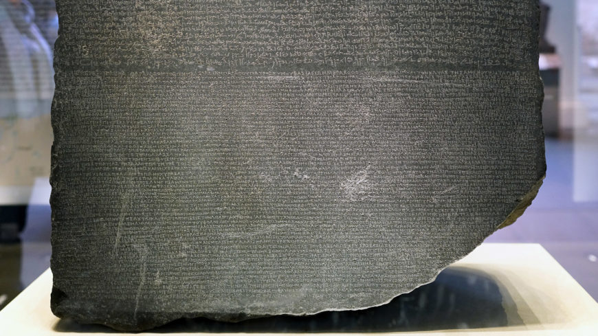 The Rosetta Stone (detail), 196 B.C.E., Ptolemaic Period, 112.3 x 75.7 x 28.4 cm, Egypt (British Museum, London) (photo: Steven Zucker, CC BY-NC-SA 2.0).