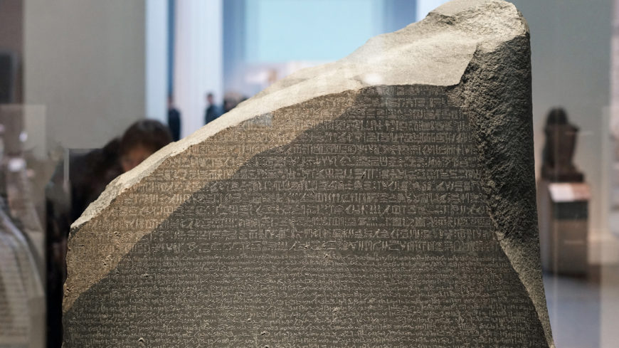 The Rosetta Stone (detail), 196 B.C.E., Ptolemaic Period, 112.3 x 75.7 x 28.4 cm, Egypt (British Museum, London) (photo: Steven Zucker, CC BY-NC-SA 2.0)