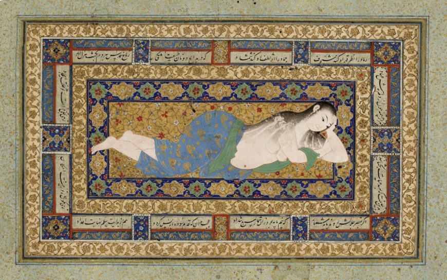 A Young Lady Reclining After a Bath, leaf from the Read Persian Album, by Muḥammad Mu˒min, 1590s, 37.8 x 24.1 cm (The Morgan Library and Museum)