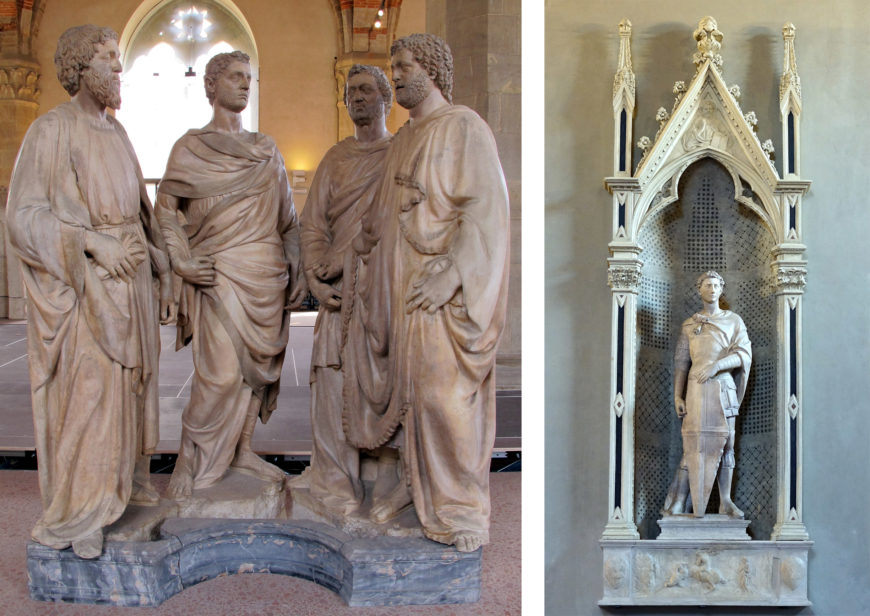 Left: Nanni di Banco, Four Crowned Saints, c. 1410-16, marble, figures 6′ high, Orsanmichele, Florence (Italy) (photo: Sailko, CC BY-SA 3.0); Right: Donatello, Saint George, c. 1416–17, marble (Museo Nazionale del Bargello, Florence, commissioned by the armorers and sword makers guild for the exterior of Orsanmichele) (photo: Steven Zucker, CC BY-NC-SA 2.0)