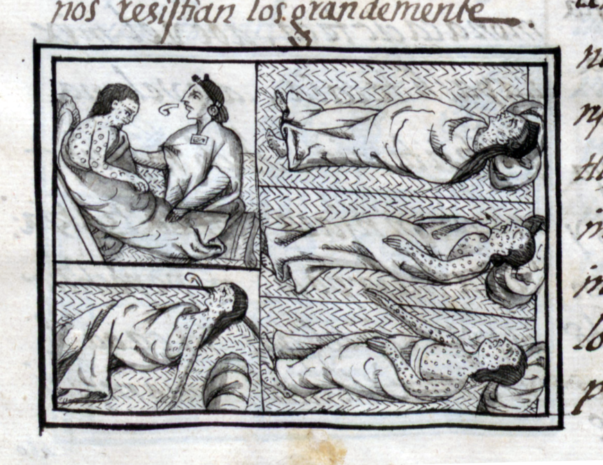 Mexica afflicted with smallpox (detail), Bernardino de Sahagún and collaborators, General History of the Things of New Spain, also called the Florentine Codex, vol. 1, 1575-1577, watercolor, paper, contemporary vellum Spanish binding, open (approx.): 32 x 43 cm, closed (approx.): 32 x 22 x 5 cm (Medicea Laurenziana Library, Florence, Italy)