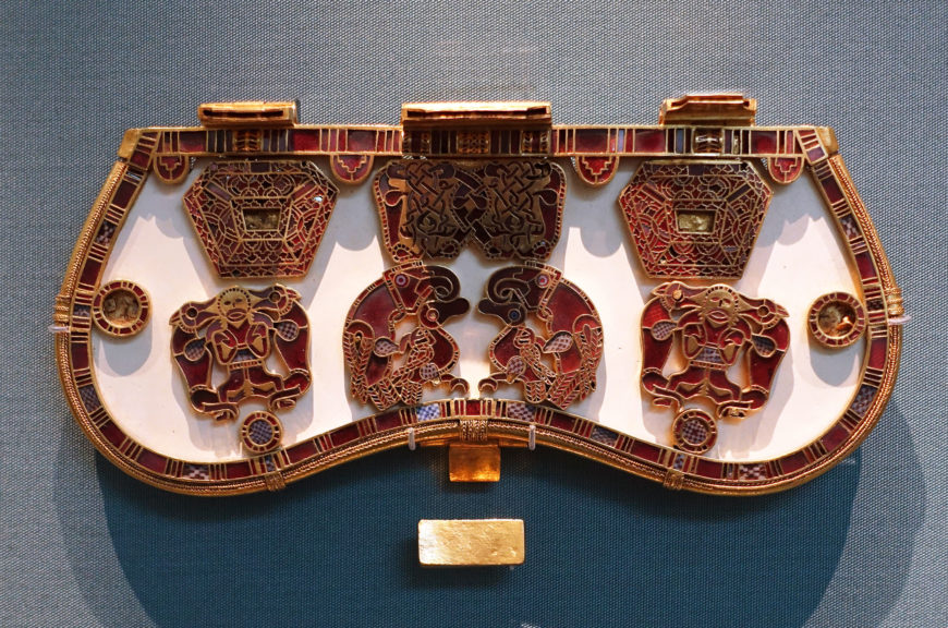 Purse lid from the Sutton Hoo ship burial, early 7th century, gold, garnet and millefiori, 19 x 8.3 cm (excluding hinges) (British Museum) (photo: Steven Zucker, CC BY-NC-SA 2.0)