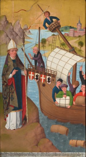 Hermen Rode, detail of St. Nicholas saving seamen aboard a cog ship, Sts. Nicholas and Victor Altarpiece (first opening), 1478–1481, Tallinn (Art Museum of Estonia, Tallinn)