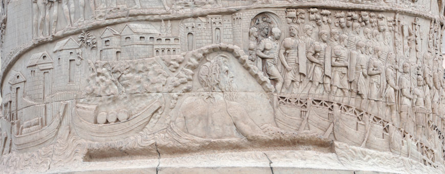 The crossing of the Roman Army over the Danube River in the first Dacian War (the large figure is a personification of the Danube) (detail), Column of Trajan, dedicated 113 C.E., Rome (photo: Steven Zucker, CC BY-NC-SA 2.0)