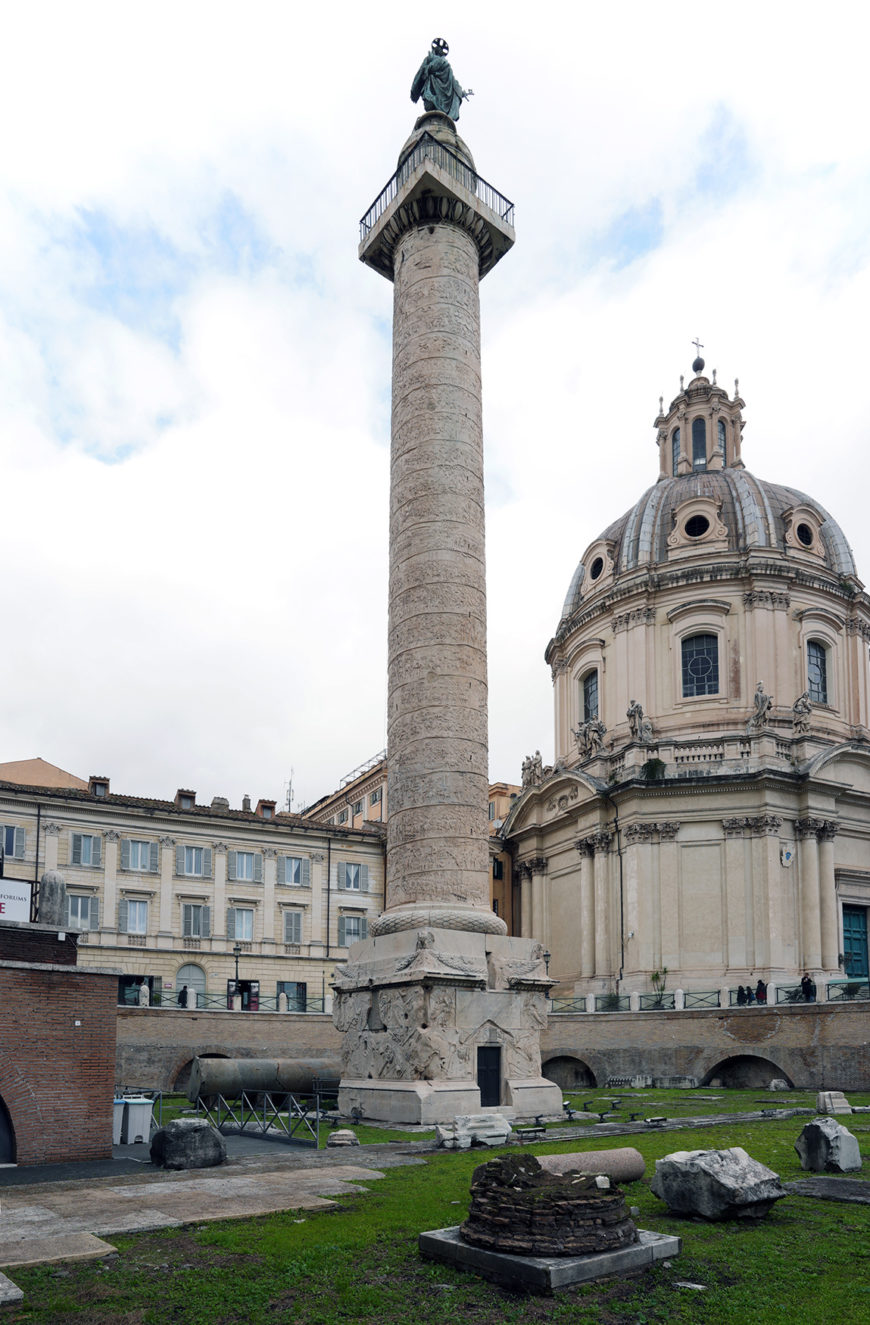 Column of Trajan, Carrara marble, completed 113 C.E., Rome, dedicated to Emperor Trajan (Marcus Ulpius Nerva Traianus b. 53 , d. 117 C.E.) in honor of his victory over Dacia (now Romania) 101–02 and 105–06 C.E. (photo: Steven Zucker, CC BY-NC-SA 2.0)