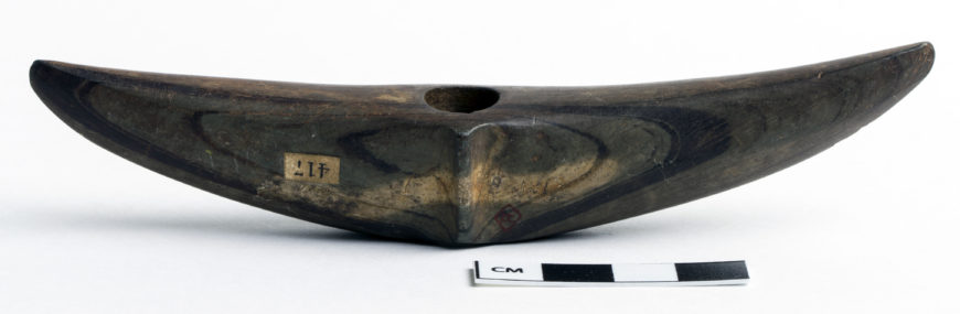 Curved Pick Bannerstone, Glenn Falls, New York, 6,000–1,000 BCE, banded slate, h. 2.7, w. 13.6 cm; AMNH DN/128