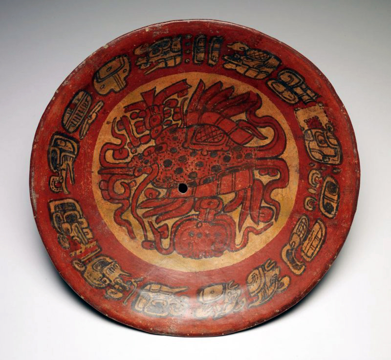 Plate with supernatural fish, 7th century, Late Classic Maya, earthenware and pigment, 10.5 x 40.6 x 40 cm (De Young Museum)
