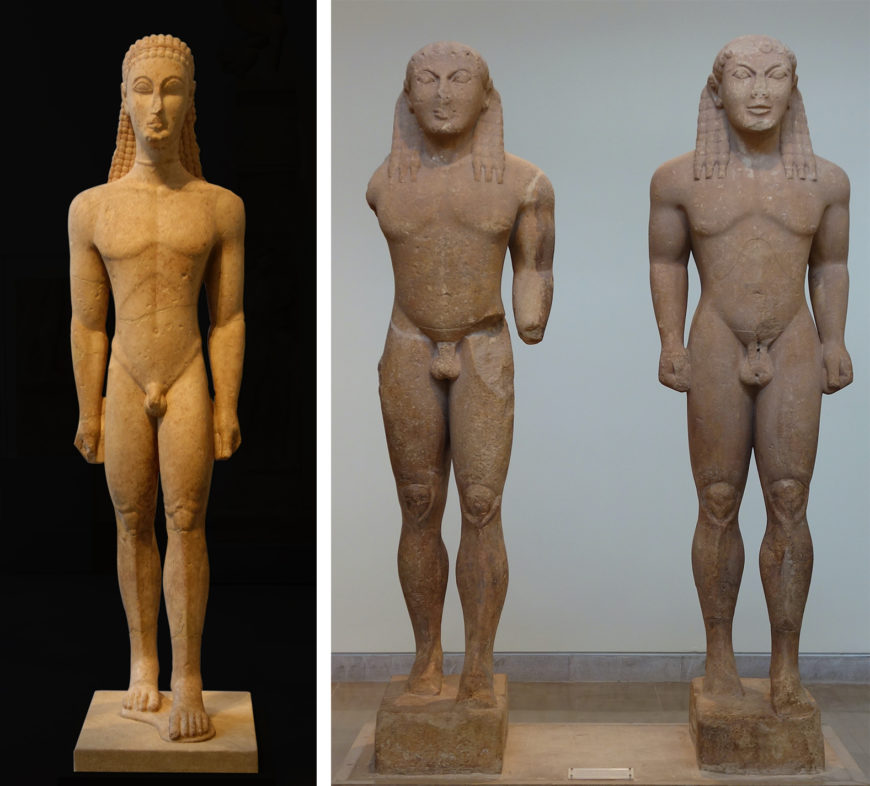 Left: Marble Statue of a Kouros (New York Kouros), c. 590–580 B.C.E. (Attic, archaic), Naxian marble, 194.6 x 51.6 cm (The Metropolitan Museum of Art; photo: Steven Zucker, CC BY-NC-SA 2.0); right: Kleobis and Biton (photo: Steven Zucker, CC BY-NC-SA 2.0)
