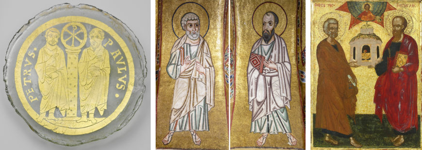 Images of Peter and Paul appear much the same through the centuries in Byzantine icons. Left: glass bowl base, 4th century, Roman (The Metropolitan Museum of Art); center: mosaics, 11th century, Hosios Loukas Monastery, Greece; right: panel icon, 17th century, Greek (Temple Gallery).