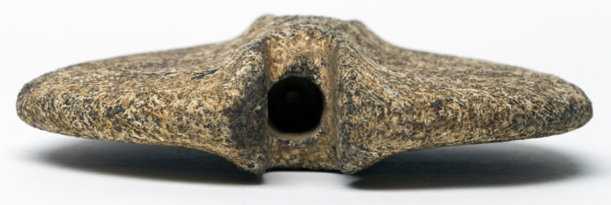 Southern Ovate Preform Bannerstone; Habersham County, Georgia, 6,000 – 1,000 BCE, igneous, coarse-grained alkaline, h. 11.5, w. 10.3 cm; AMNH 2/2205