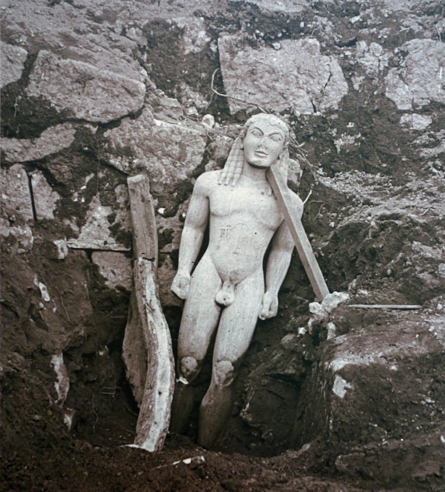 Unearthing Kleobis and Biton, 1894, sanctuary of Apollo, Delphi, Greece