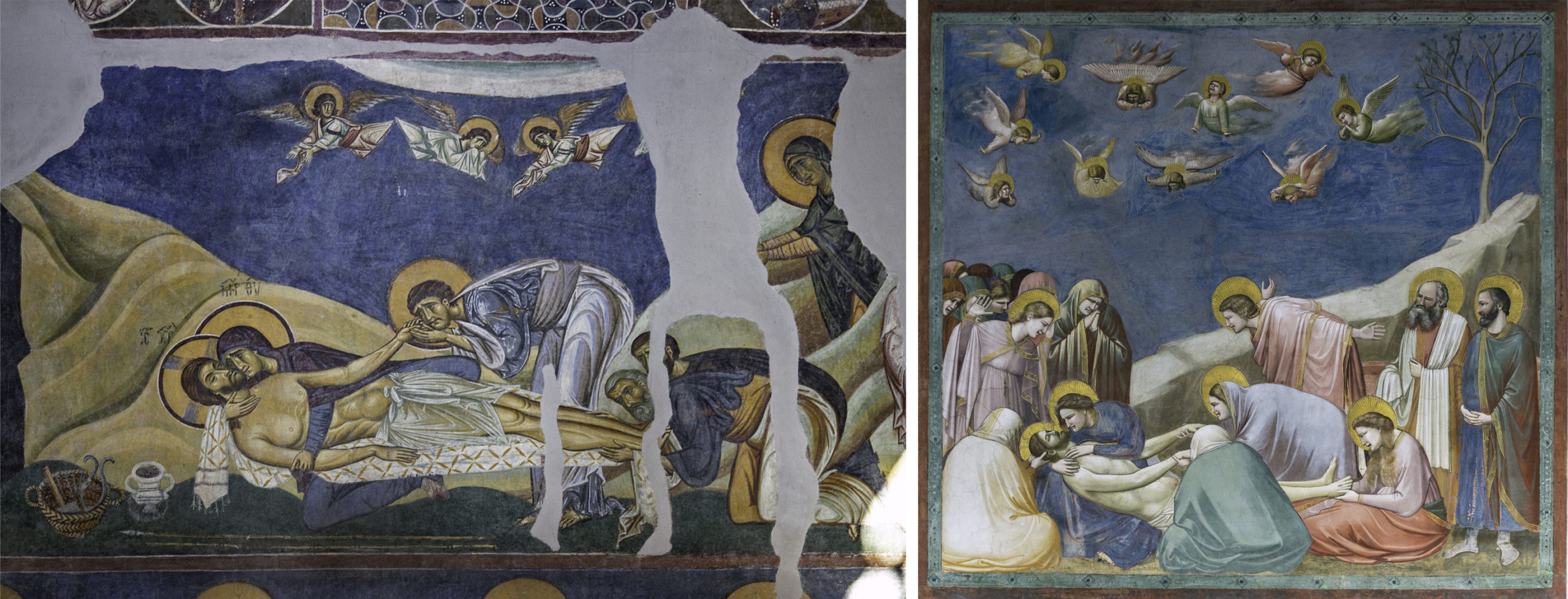 Left: Lamentation at Nerezi (photo: byzantologist, CC BY-NC-SA 2.0); right: Giotto, Lamentation fresco, Arena (Scrovegni) Chapel, 1305–06, Padua (photo: Steven Zucker, CC BY-NC-SA 2.0)