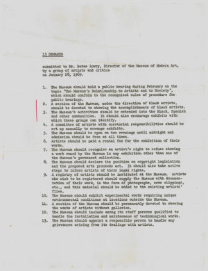Artist Workers Coalition (AWC) “13 Demands” (Barr Papers, 1.489 MoMA Archives, New York)
