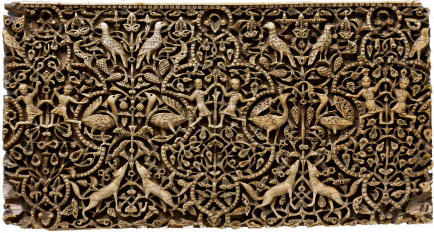 Panel from a rectangular box, 10th–early 11th century, ivory with traces of pigment, made in Spain, probably Cordoba, 10.8 cm x 20.3 cm (The Metropolitan Museum of Art)