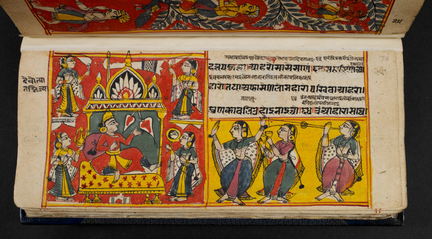 A god in his palace attended by female musicians and dancers in a manuscript of Śrīcandra’s Saṃgrahaṇīratna. (British Library)